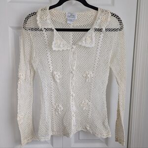 Vintage Cotton Cream Crochet Button-Up Cardigan